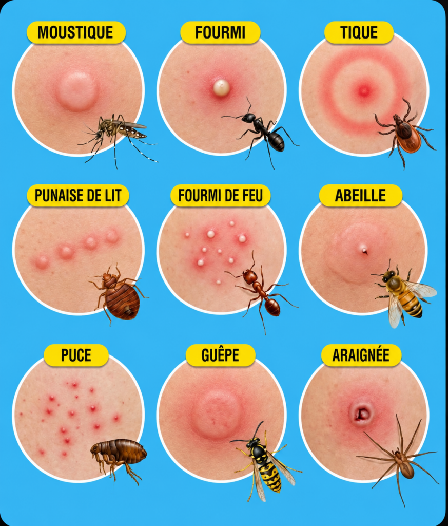 Comparatif des piqûres d'insectes (punaise de lit, moustique, tique, fourmi, puce, guêpe, araignée, abeille) pour reconnaître une piqûre de punaise de lit